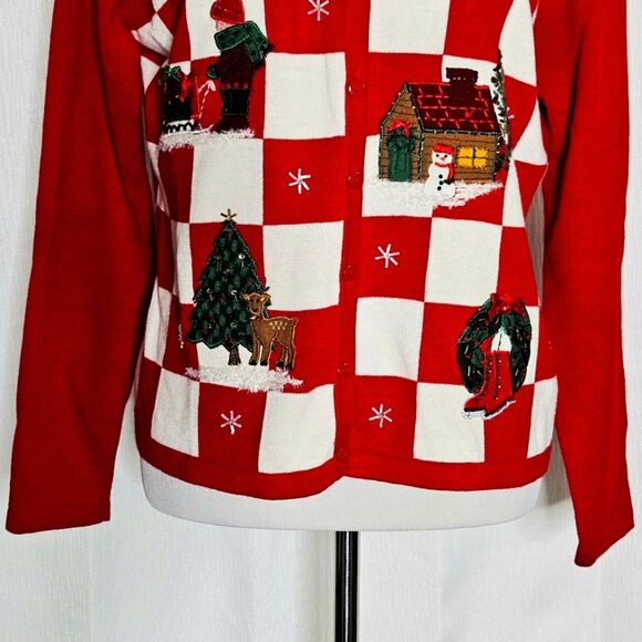 Dress Barn Embellished Red & White Checkered Ugly Christmas Cardigan Sweater - Picture 4 of 12